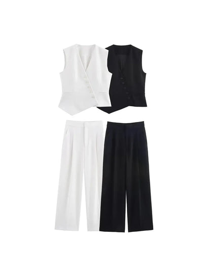 Black & White Cross Vest & Wide Leg Pants Coord Set