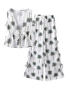 Tropical Print V Neck Tie Vest & Wide Leg Pant Coord Set