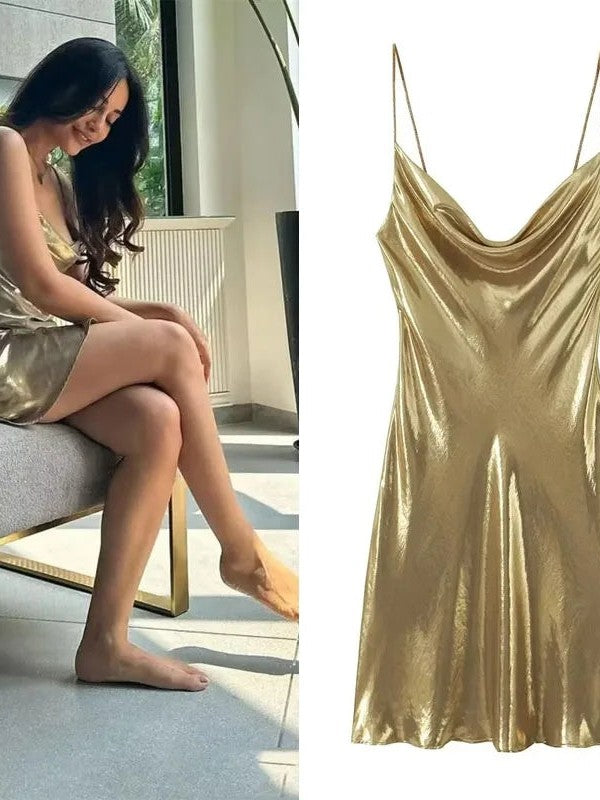 Cowl Neck Sequins Spaghetti Strap Metallic Short Dress