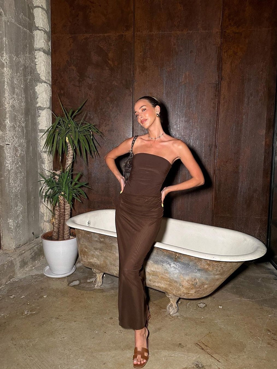 Ruched Bandeau Bodysuit Tube Mesh Tulle Dress