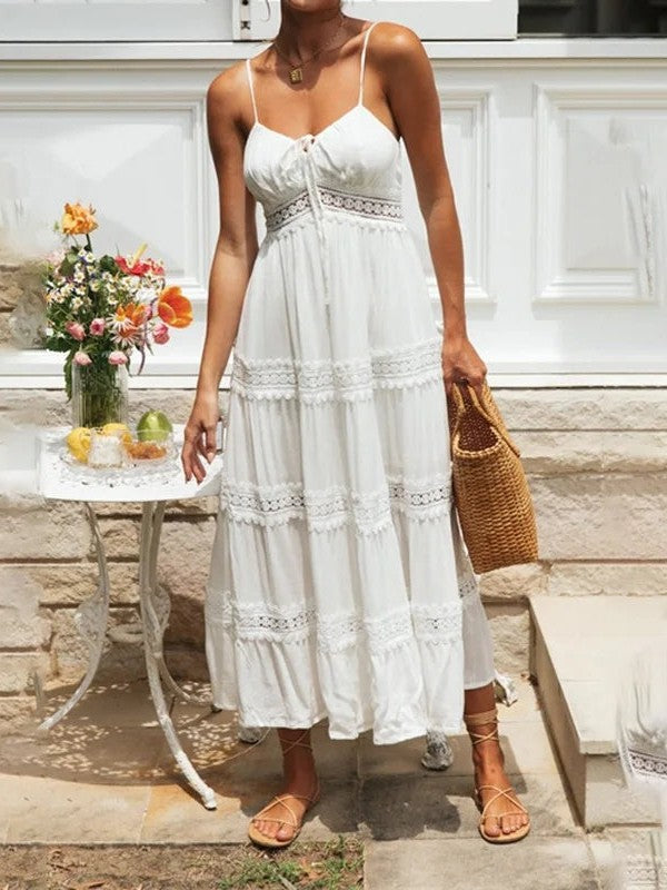 White Cotton Spaghetti Strap Cutout Maxi Dress