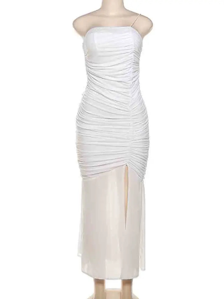 White Mesh Spaghetti Strap Fishtail Slit Dress