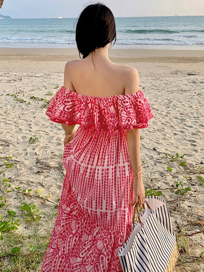 Pink Off Shoulder Embroidered Cutout Maxi Dress