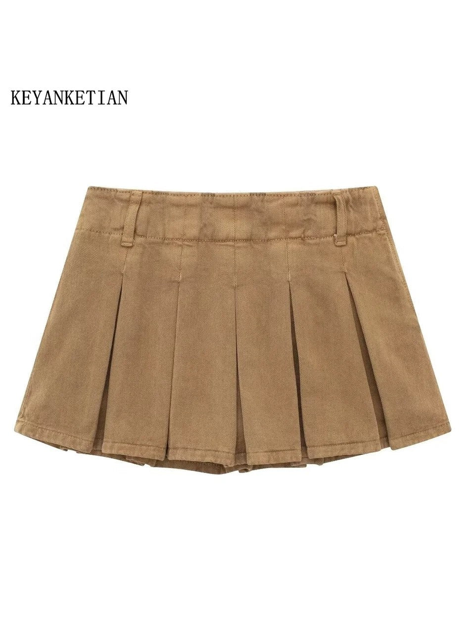 Khaki Denim Low Rise Pleated Skort