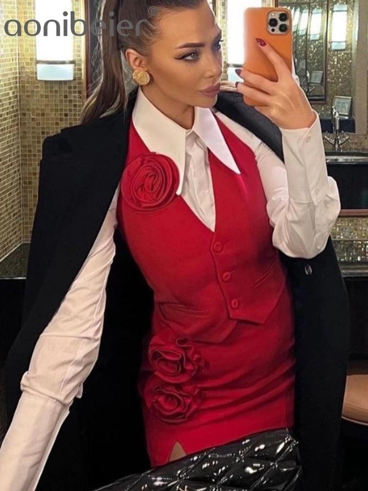 Red & White Halterneck Crop Waist Coat Vest & Skirt Coord Set