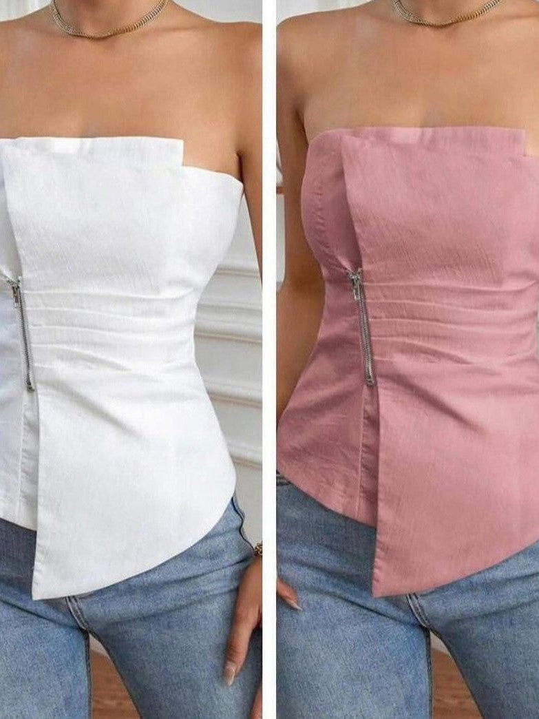 Split image of white and pink strapless stretchable bandeau tops with asymmetric hem and side zippers, paired with jeans.