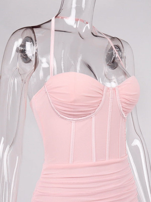 Mesh Boning Corset Ruched Halterneck Dress