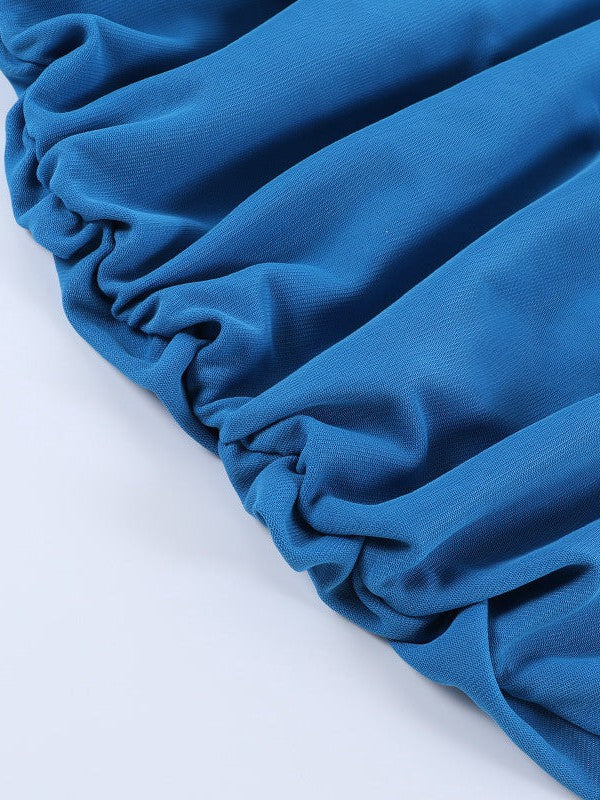 Ruched Deep Halterneck Ruffle Backless High Slit Dress