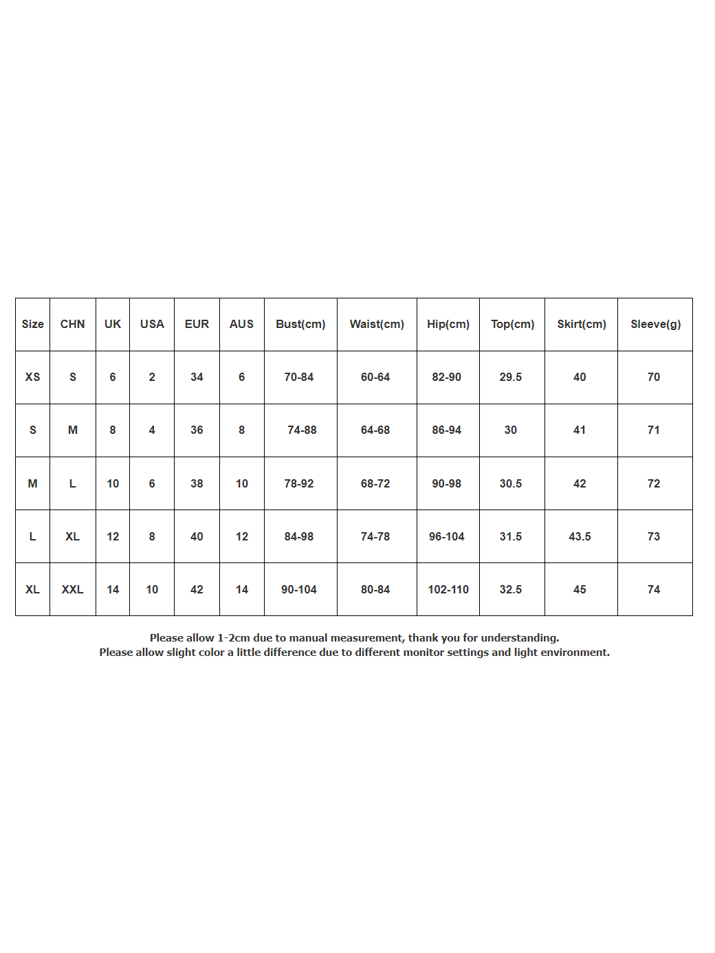 Size chart for cropped strap top & skirt mesh set, showing CHN/UK/USA/EUR/AUS sizing and bust, waist, hip, top, skirt, sleeve measurements.