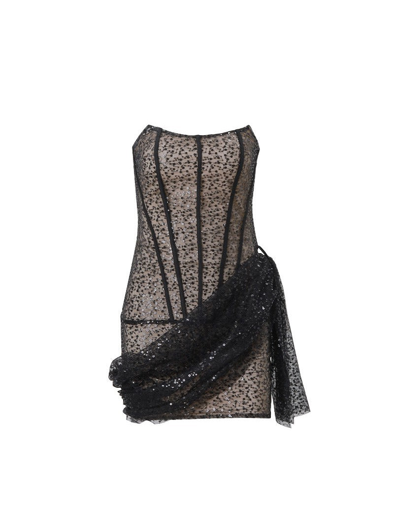 Sequins Boning Lace Fishnet Tube Ribbon Dress
