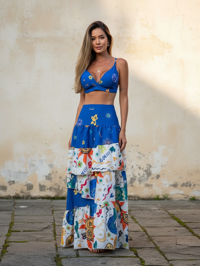 Doodle Print Braletter Top & Ruffle Skirt Coord Set