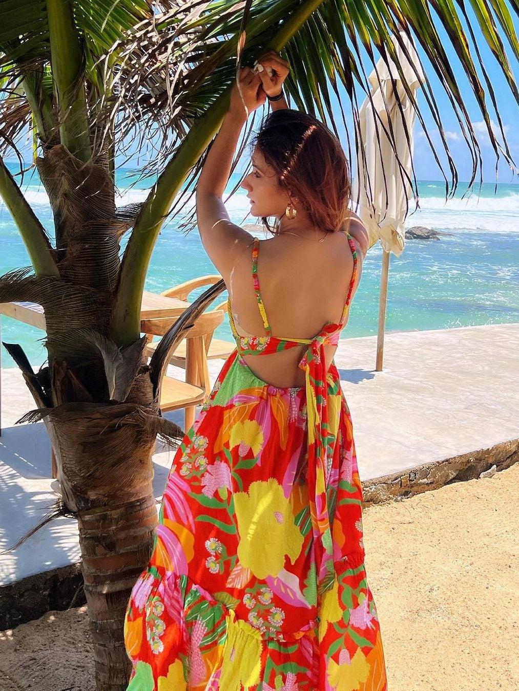 Floral Print Spaghetti Strap Backless Maxi Dress