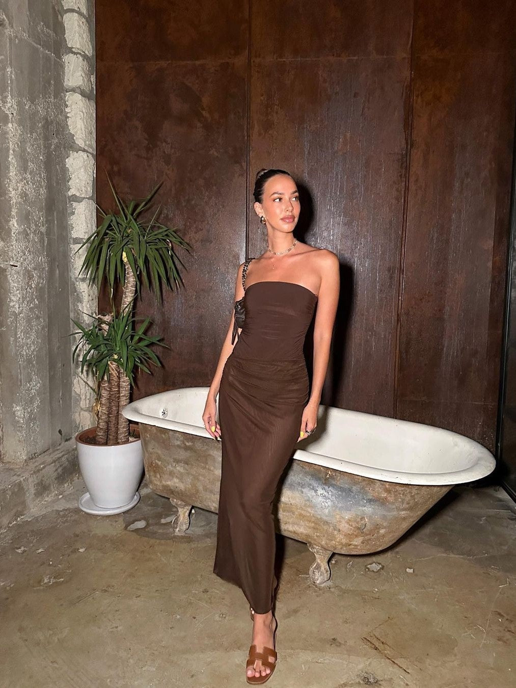 Ruched Bandeau Bodysuit Tube Mesh Tulle Dress