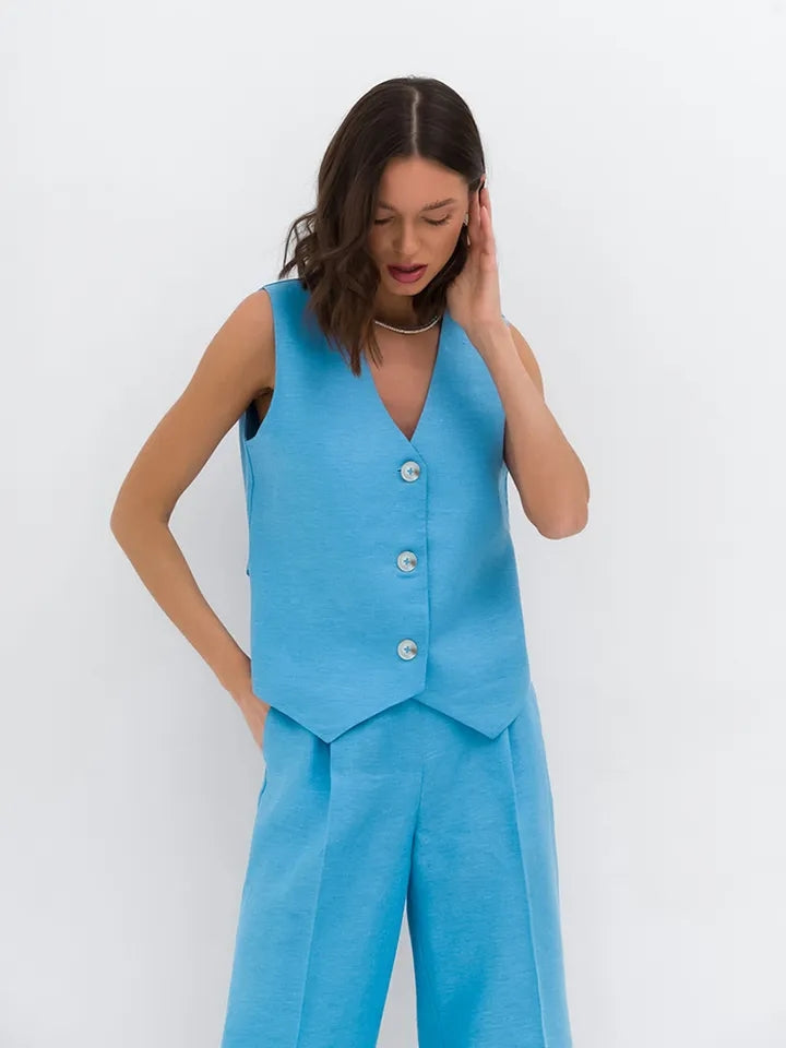 Waist Coat Vest & Wide Leg Pants Coord Set