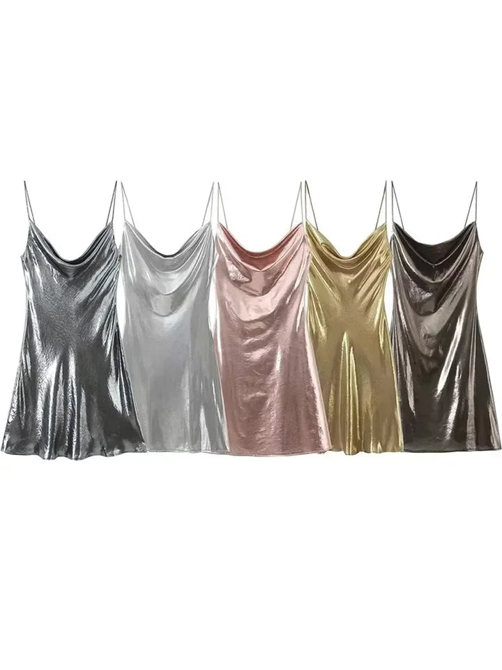 Cowl Neck Sequins Spaghetti Strap Metallic Short Dress