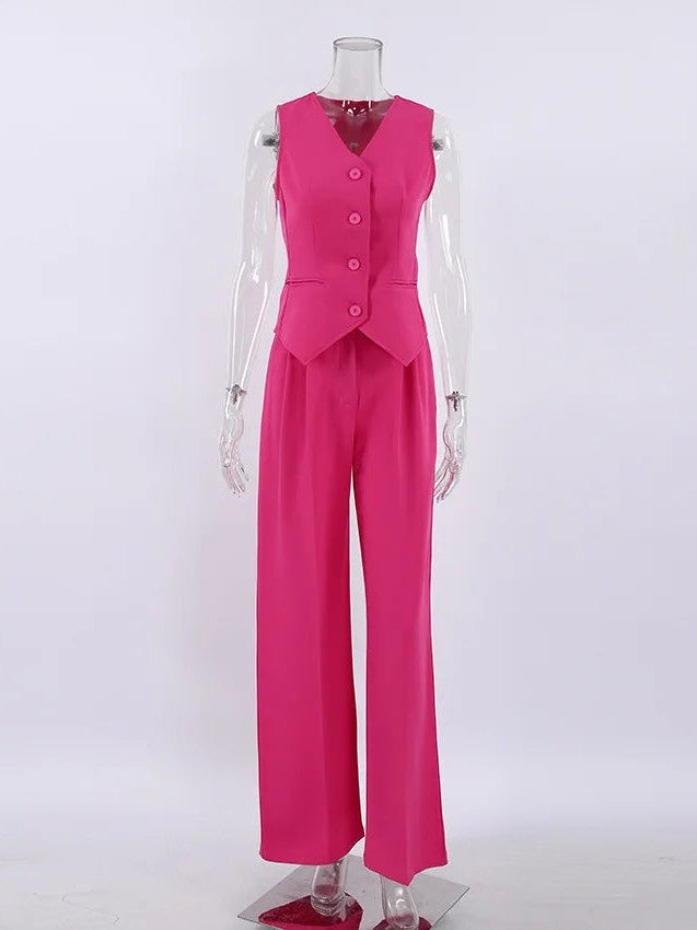 Poly Waist Coat Vest & Wide Leg Pants Coord Set