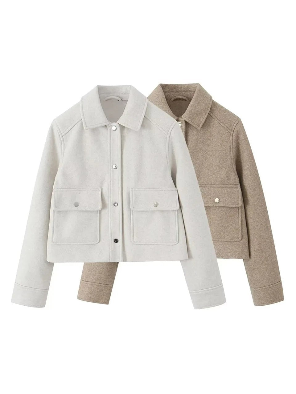Ivory and beige textured wool jackets with flap pockets, button front, and collared necklines, stacked side by side.