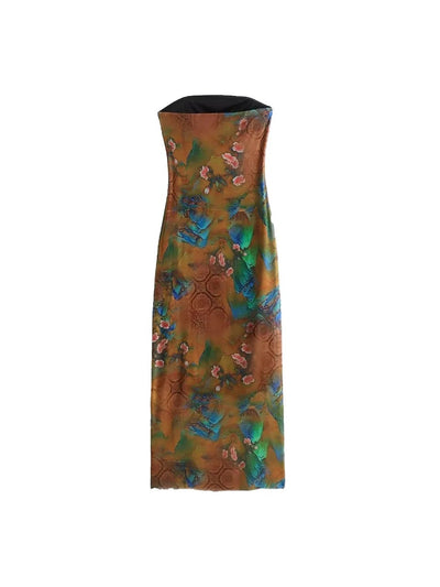 Brown Floral Print Mesh Tube Dress