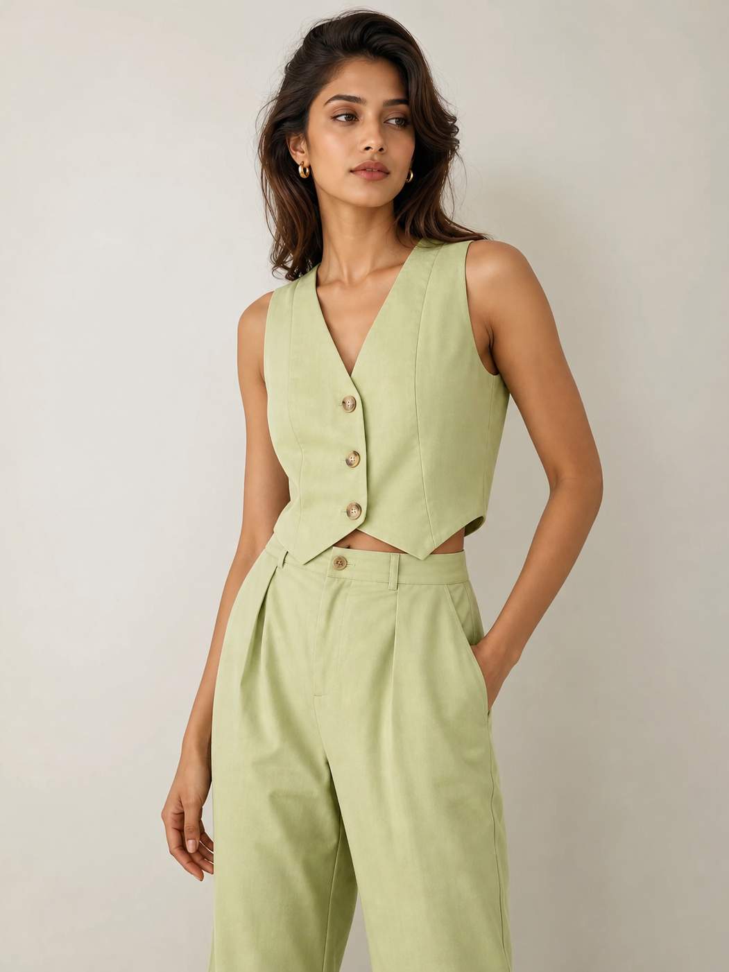 Crop waist vest & wide-leg pants coord set on sale in light green; button-front vest with matching high-waist pants.