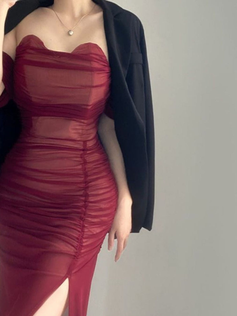 Burgundy Cold Shoulder Mesh Slit Ruched Dress