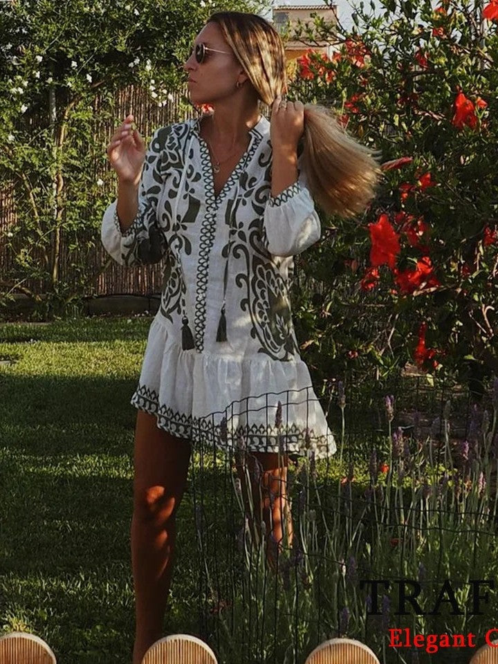 Floral Motif Print Short A Line Dress