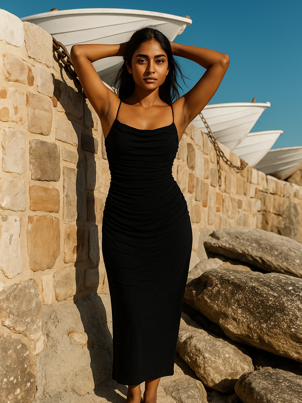 Animal/ Black Print Spaghetti Strap Ruched Dress