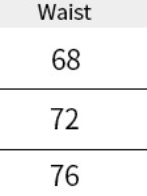 Waist size chart with header 'Waist' and values 68, 72, 76 separated by horizontal lines.