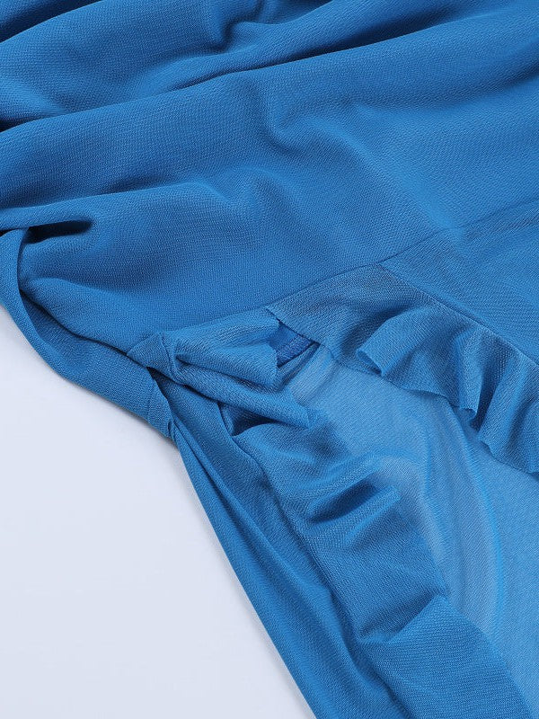 Ruched Deep Halterneck Ruffle Backless High Slit Dress