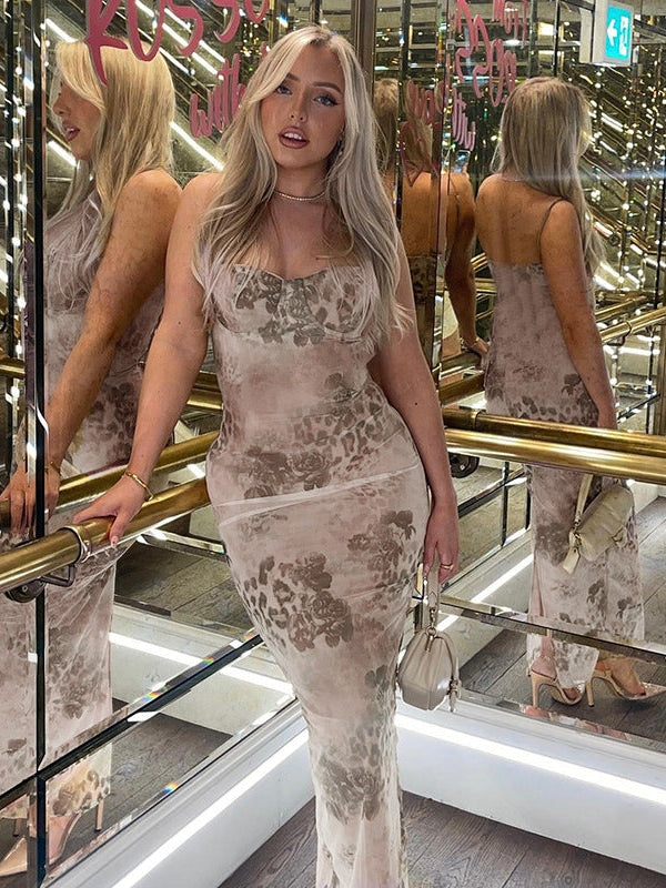 Floral Print Sweetheart Neck Maxi Dress