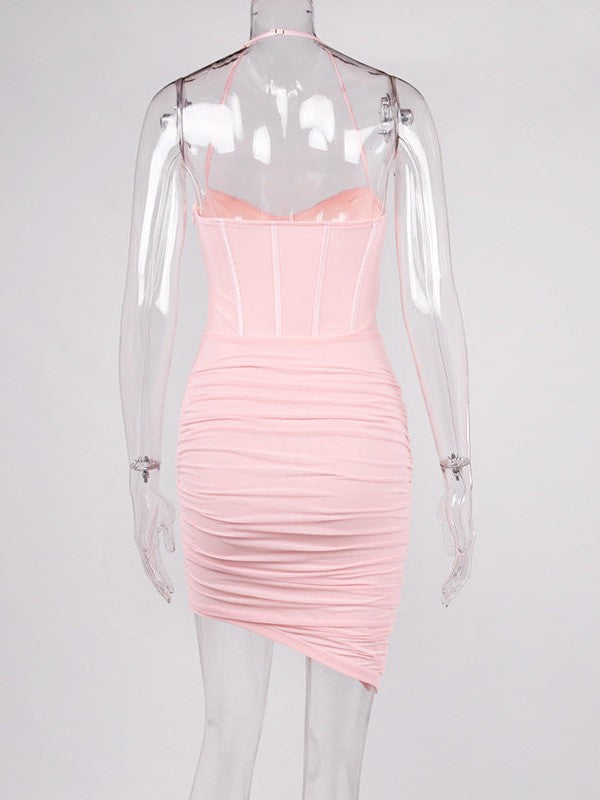 Mesh Boning Corset Ruched Halterneck Dress