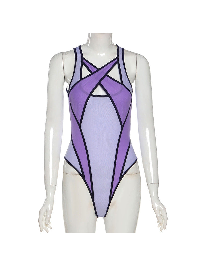 Purple Color Contrast Patchwork Bodysuit
