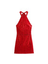 Black & Red Halter Neck Sequins Short Dress