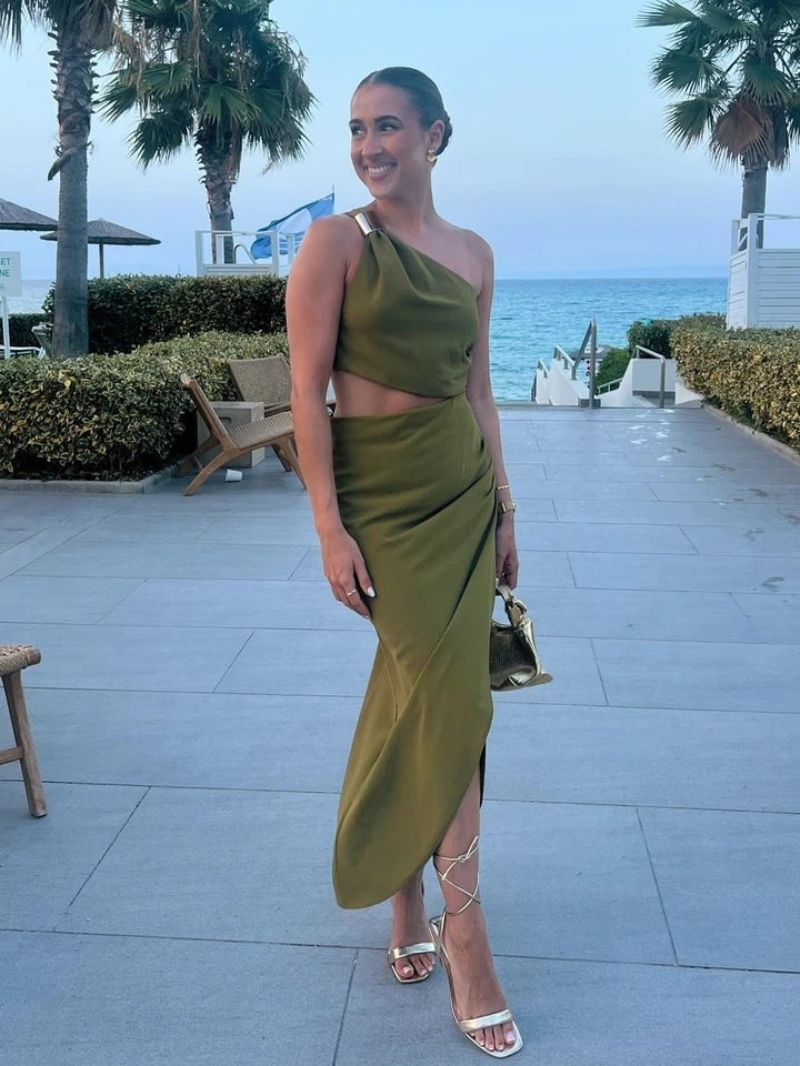 One Shoulder Golden Buckle Asymmetric Linen Dress