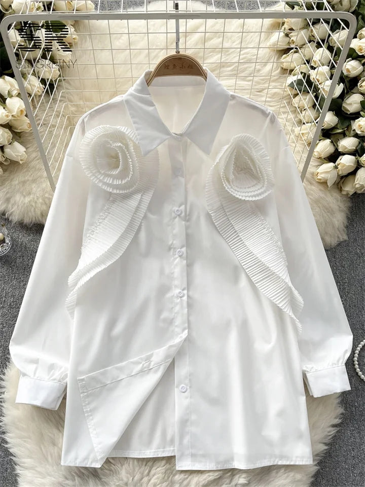 Ruffles Pleated Flower Patch Long Shirt