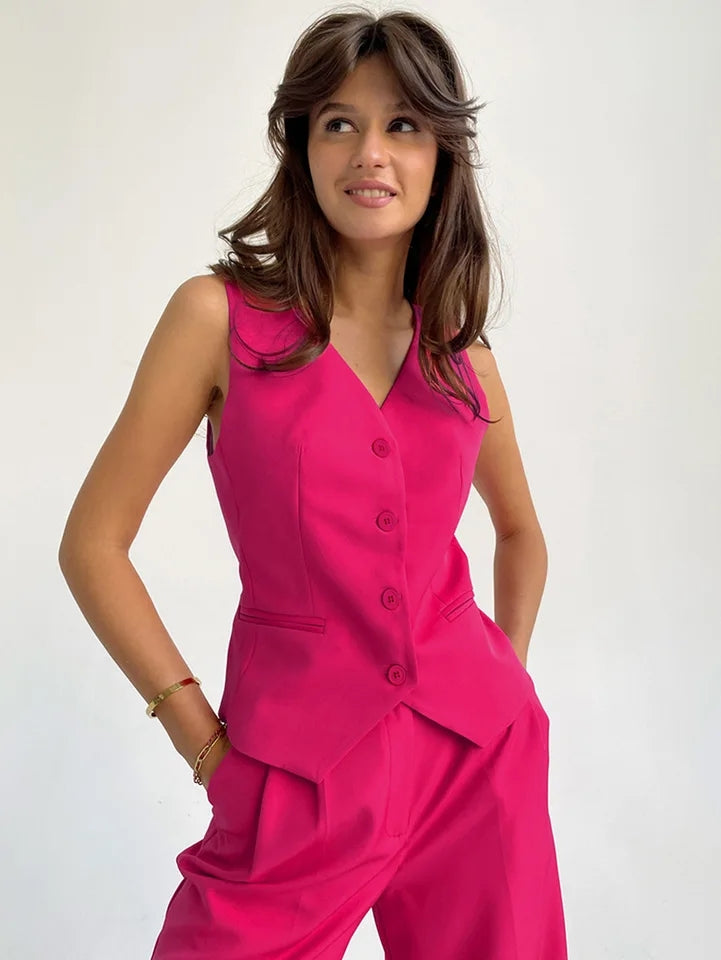 Poly Waist Coat Vest & Wide Leg Pants Coord Set