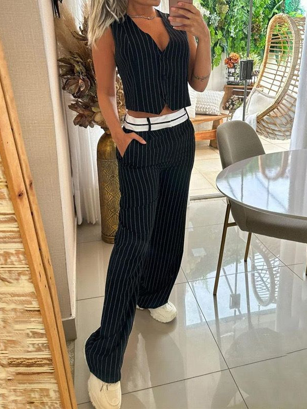 Striped Sleeves Vest Top & Wide Leg Pants Coord Set
