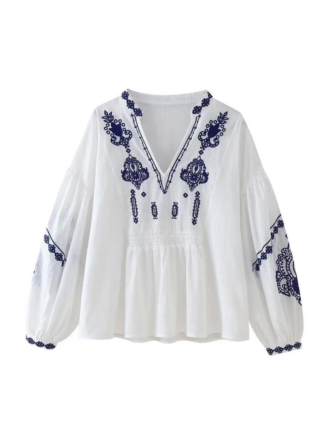 Embroidered V neck Mandrin Collar Top