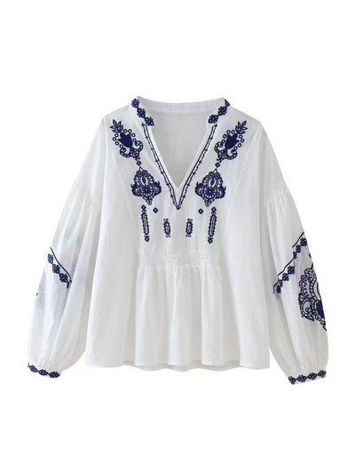 Embroidered V neck Mandrin Collar Top