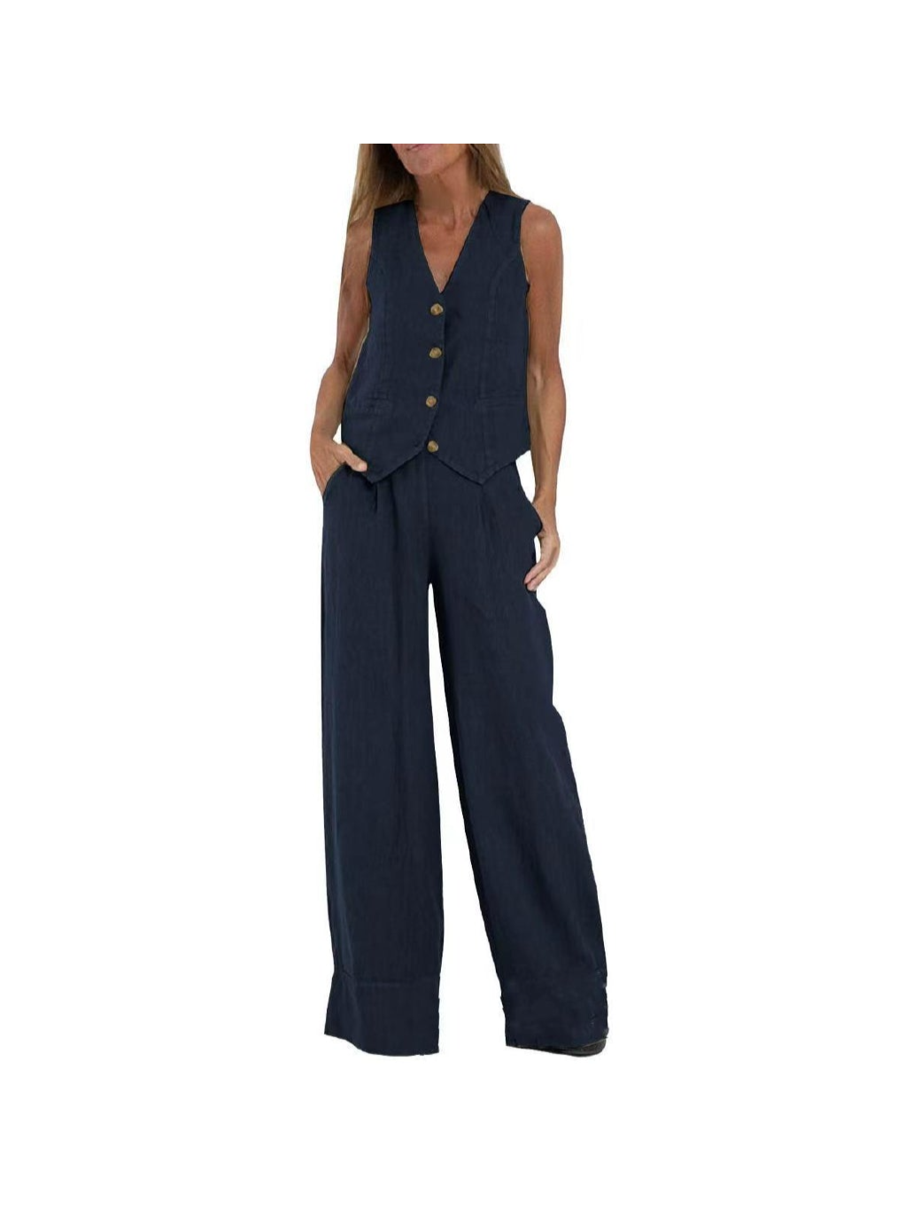Model wearing navy linen-like waistcoat with V-neck and gold buttons paired with matching wide-leg navy pants.