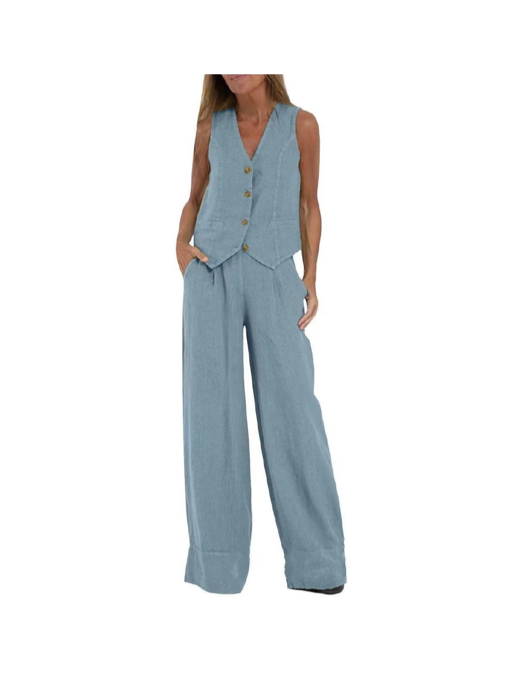 Light blue sleeveless waistcoat with button front and curved hem over matching wide-leg linen pants.