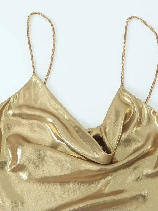 Cowl Neck Sequins Spaghetti Strap Metallic Short Dress