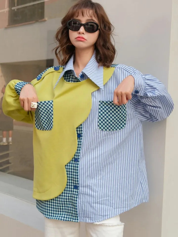 Striped Patchwork Blue Cotton Shirt Dress