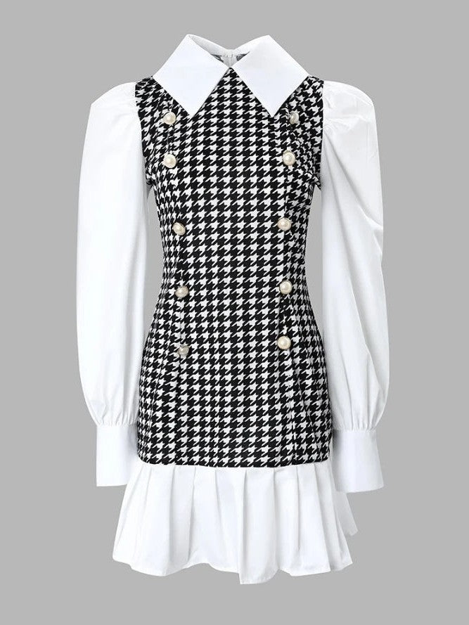 White Gingham Print Short A Line Dress