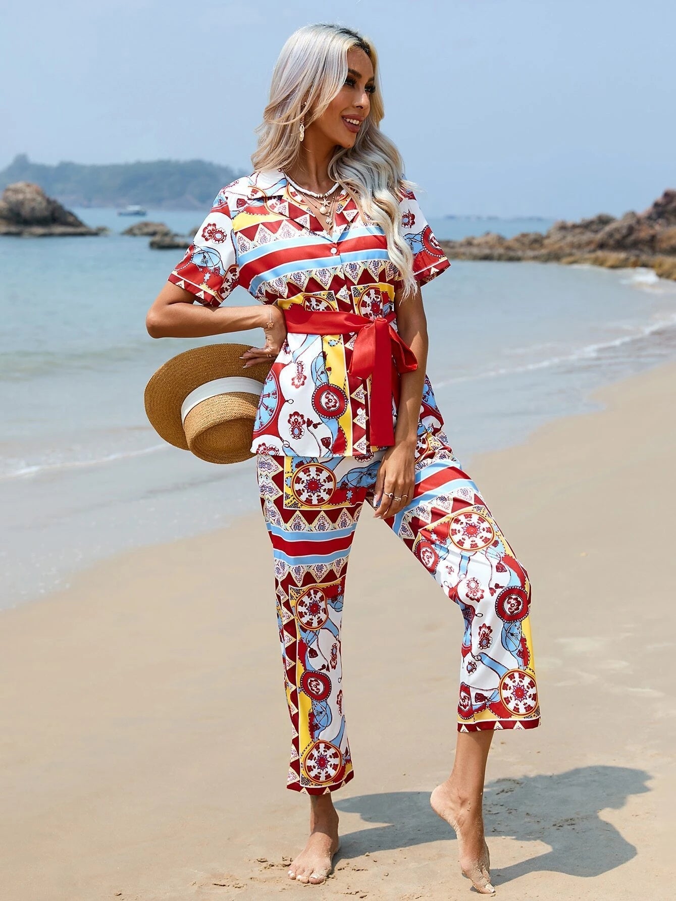Floral Bow Print Shirt & Wide Leg Pants Coord Set
