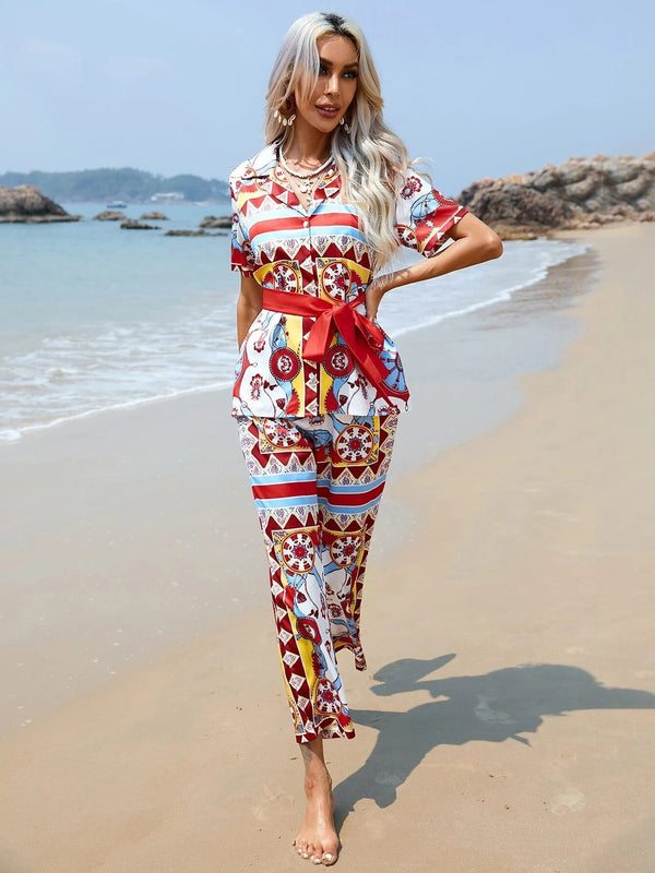 Red Sweet Bow Print Shirt Style Top Long 2pcs Pajama Set