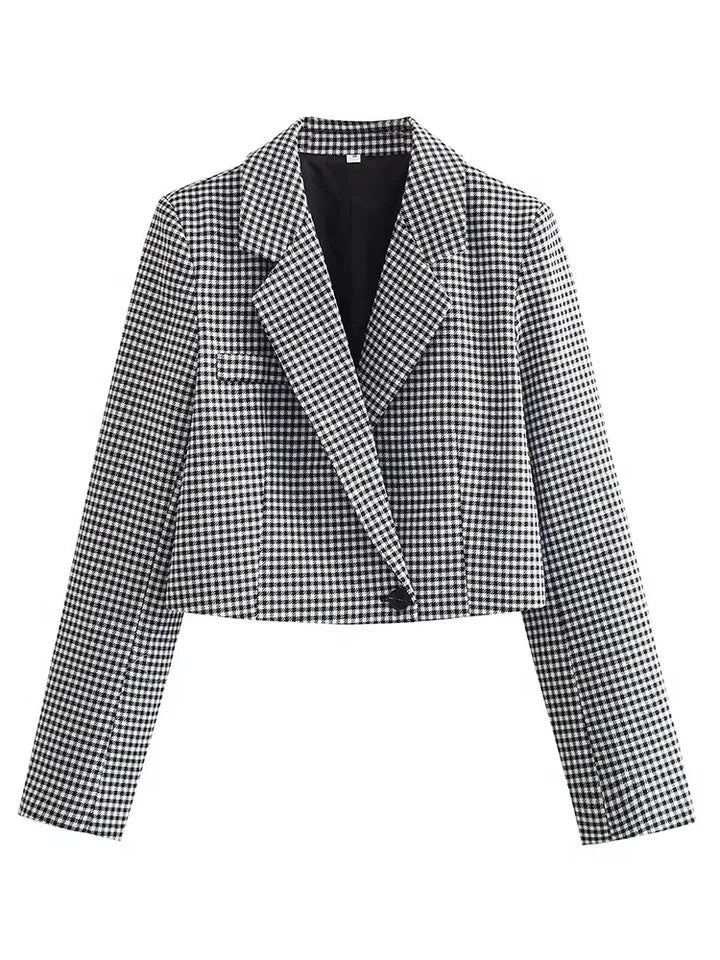 Black Gingham Print Crop Blazer & Skirt Coord Set