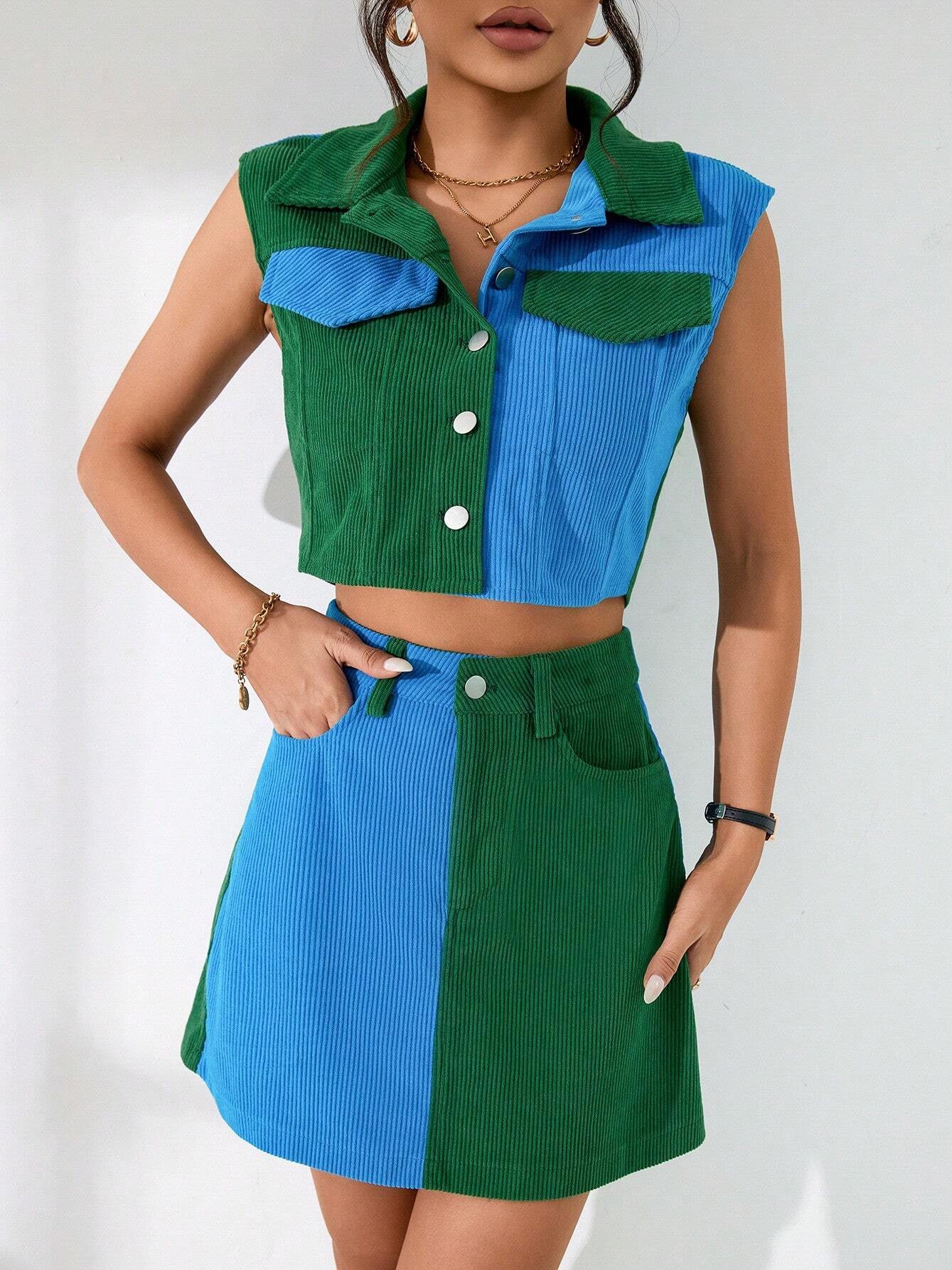 Two Tone Flap Pocket Crop Vest Jacket & Skirt Set