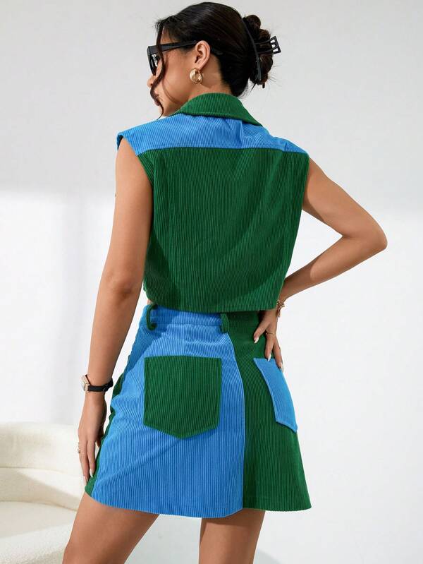 Two Tone Flap Pocket Crop Vest Jacket & Skirt Set
