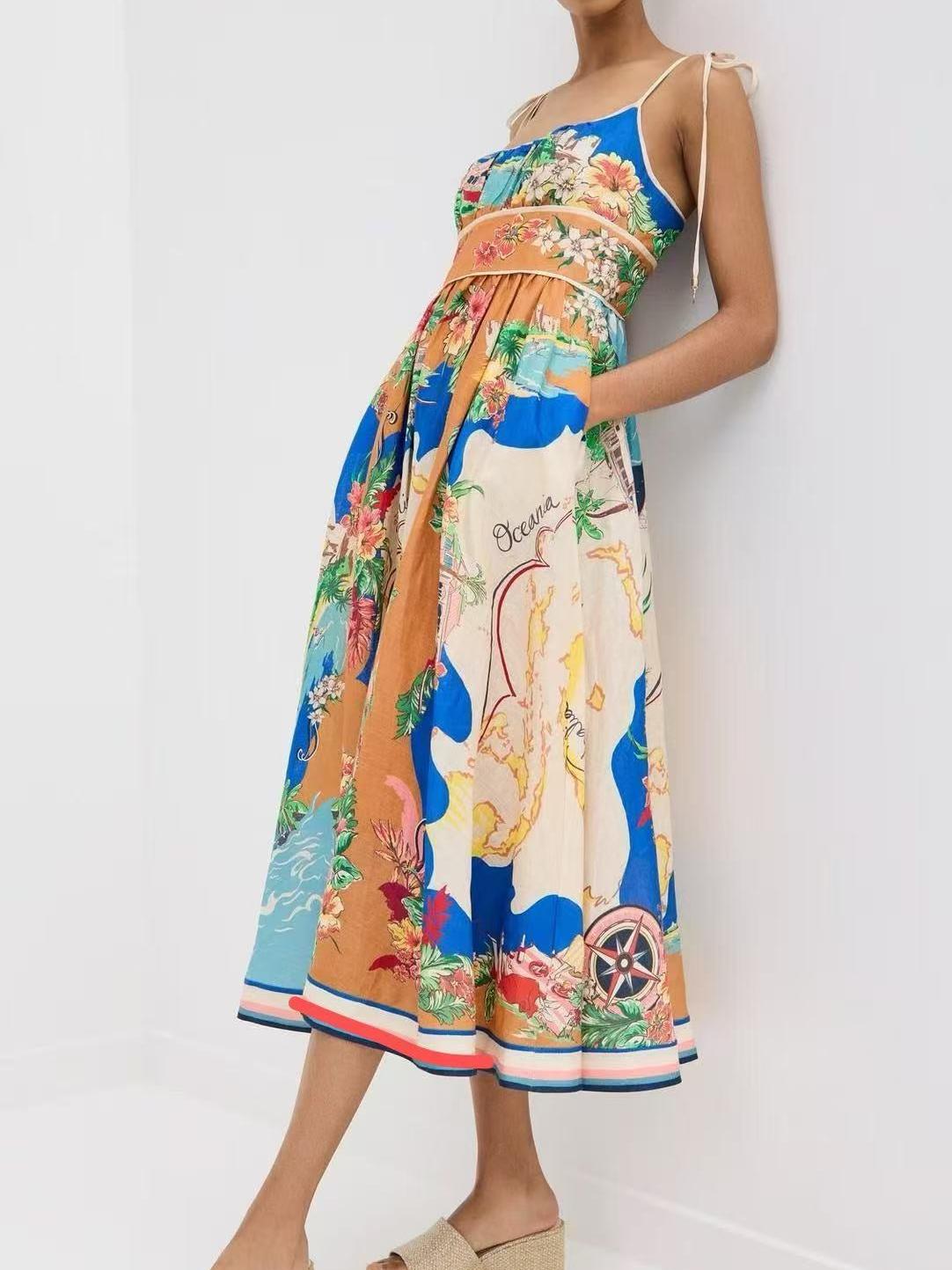 Tied Spaghetti Strap Nautical Floral Print Midi Dress
