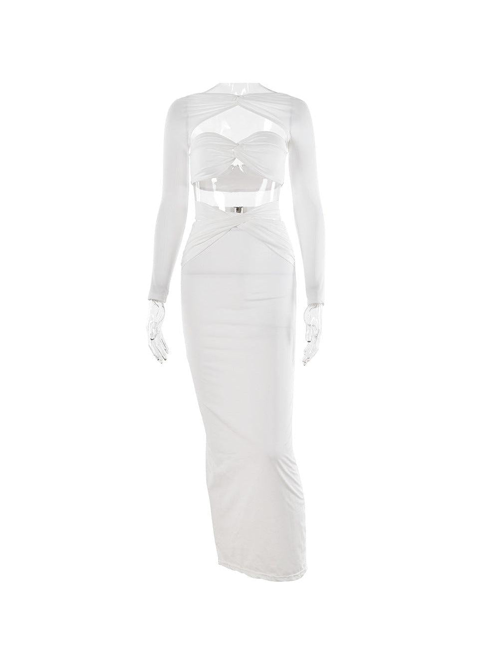 White two-piece coord set: twisted bandeau tube top with long sheer sleeves and a high-waisted ruched maxi skirt.